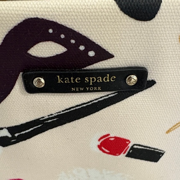 EUC!  Kate Spade Cream Tote with Black Handles and Colorful Print - Picture 3 of 6